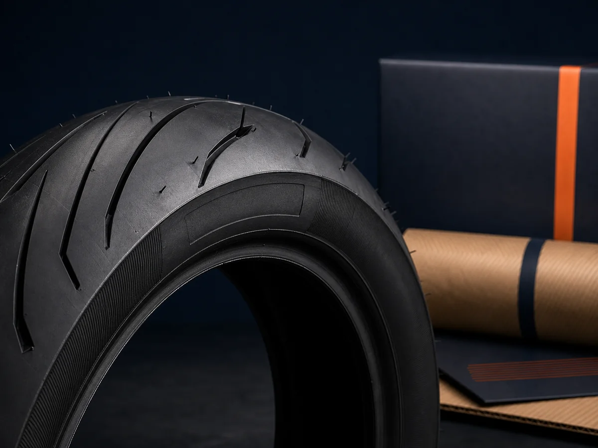 Premium motorcycle tire prepared for OEM private-label packaging