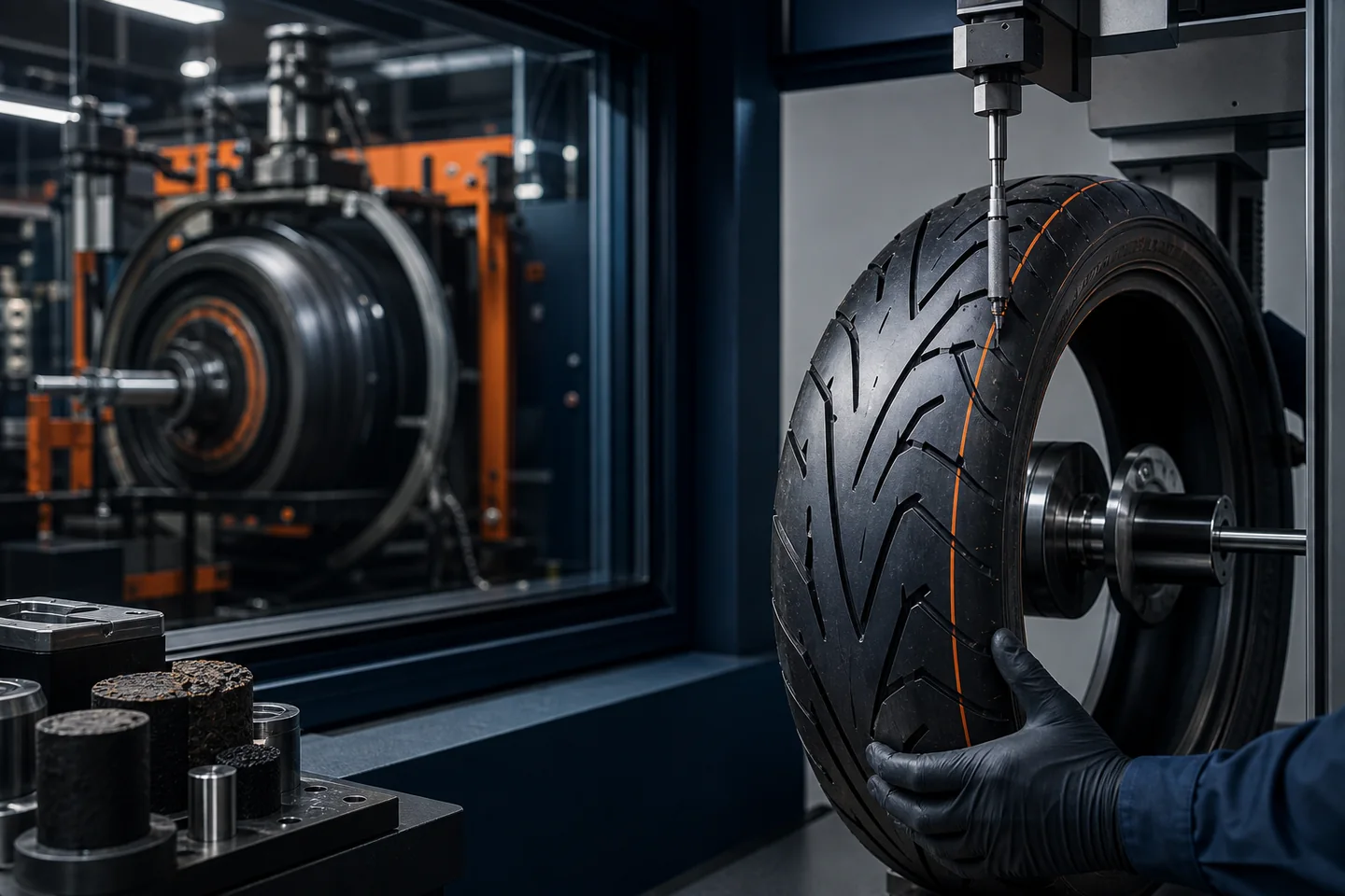 Technician inspecting a motorcycle tire with industrial testing equipment